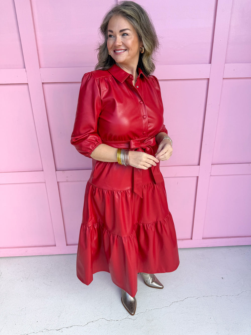 womens boutique red leather dress snap buttons maxi length tiered jincy's