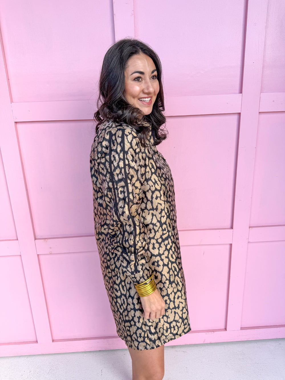 womens boutique leopard dress mini length pockets black stripe button up jincy's