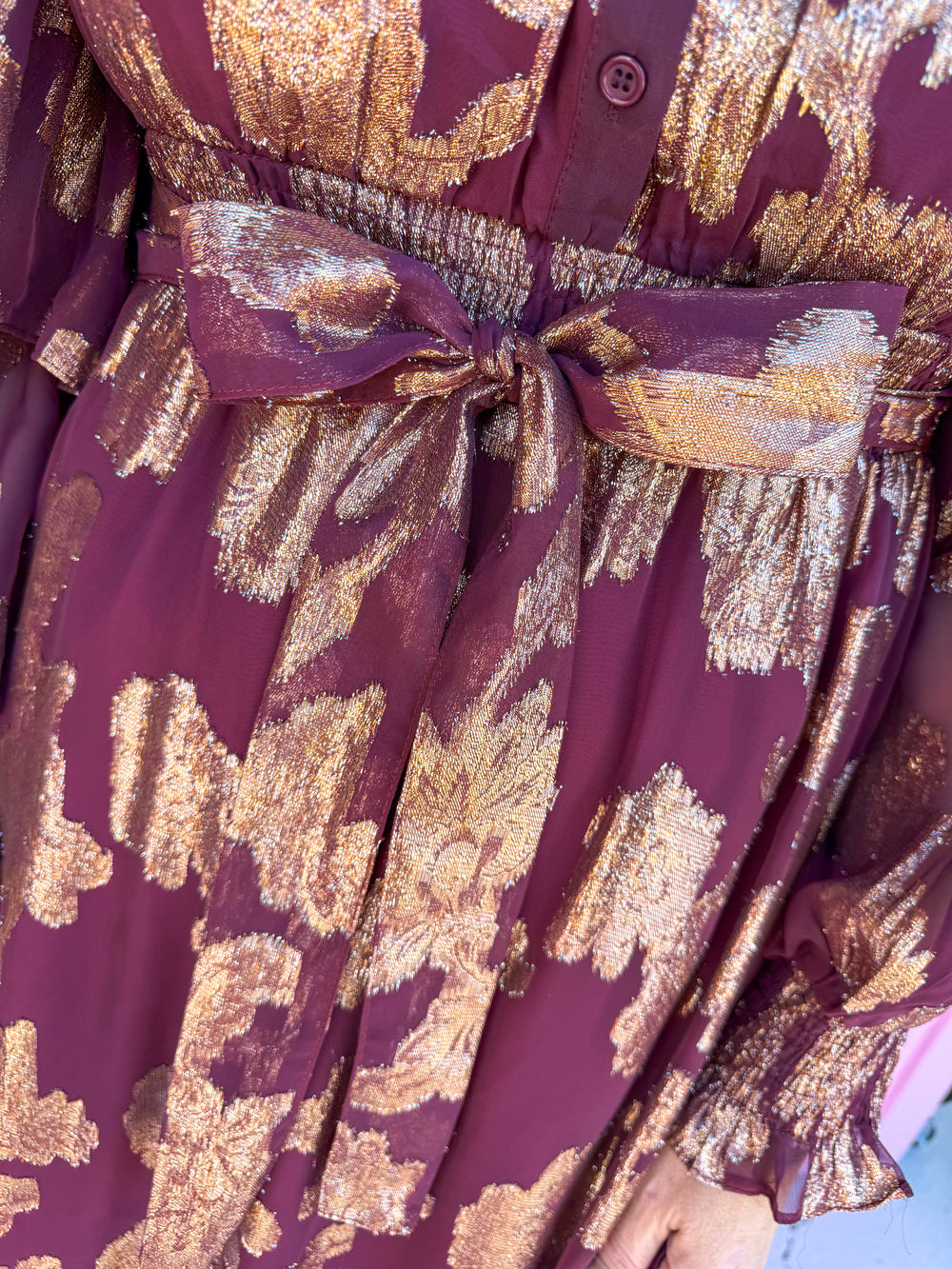 Jincy's Women's Boutique Thanksgiving & Fall Styles Burgundy Maxi Dress With Gold  Foil Floral Print