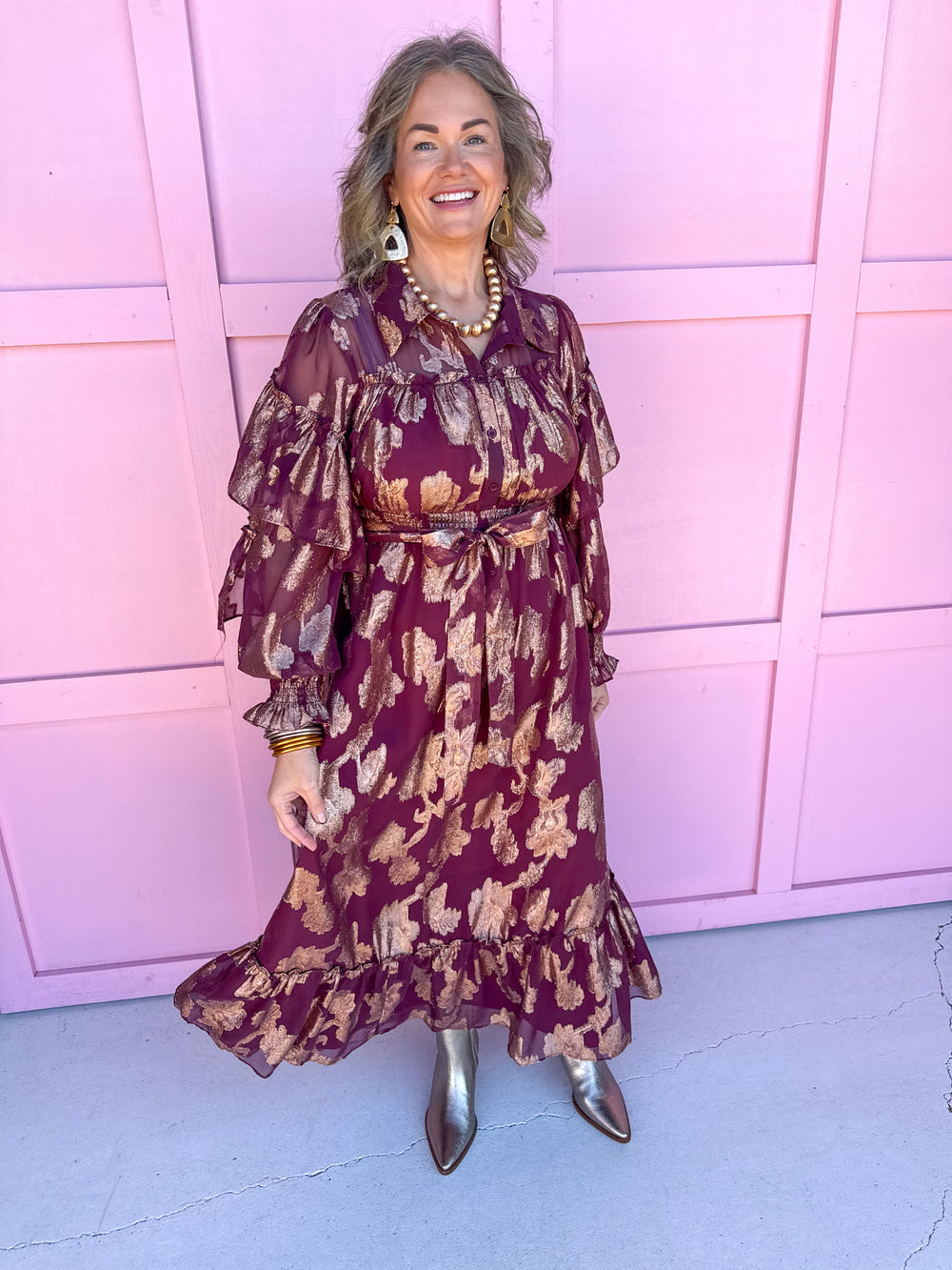 Jincy's Women's Boutique Thanksgiving & Fall Styles Burgundy Maxi Dress With Gold  Foil Floral Print