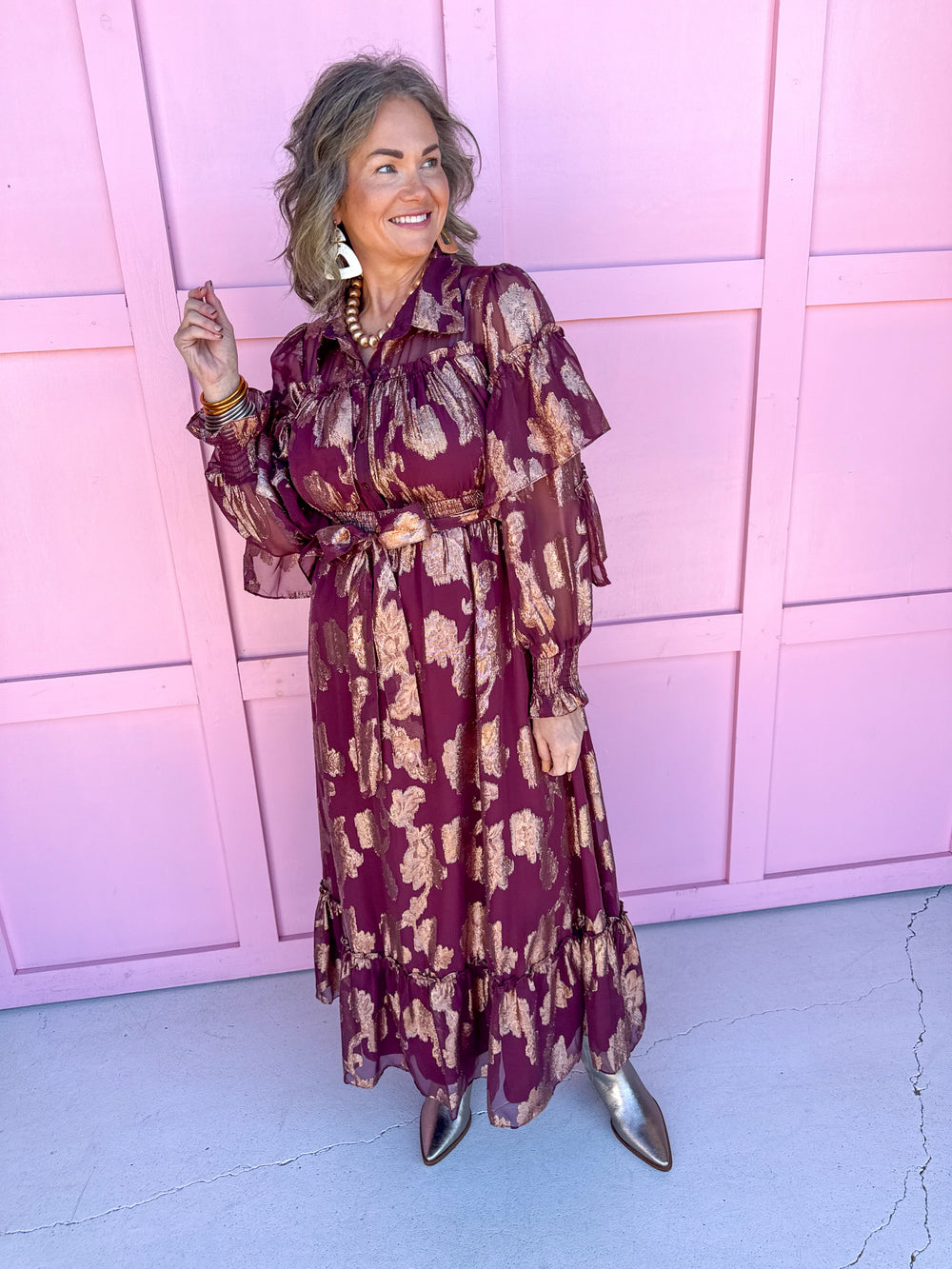 Jincy's Women's Boutique Thanksgiving & Fall Styles Burgundy Maxi Dress With Gold  Foil Floral Print