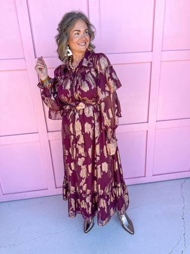 Jincy's Women's Boutique Thanksgiving & Fall Styles Burgundy Maxi Dress With Gold  Foil Floral Print