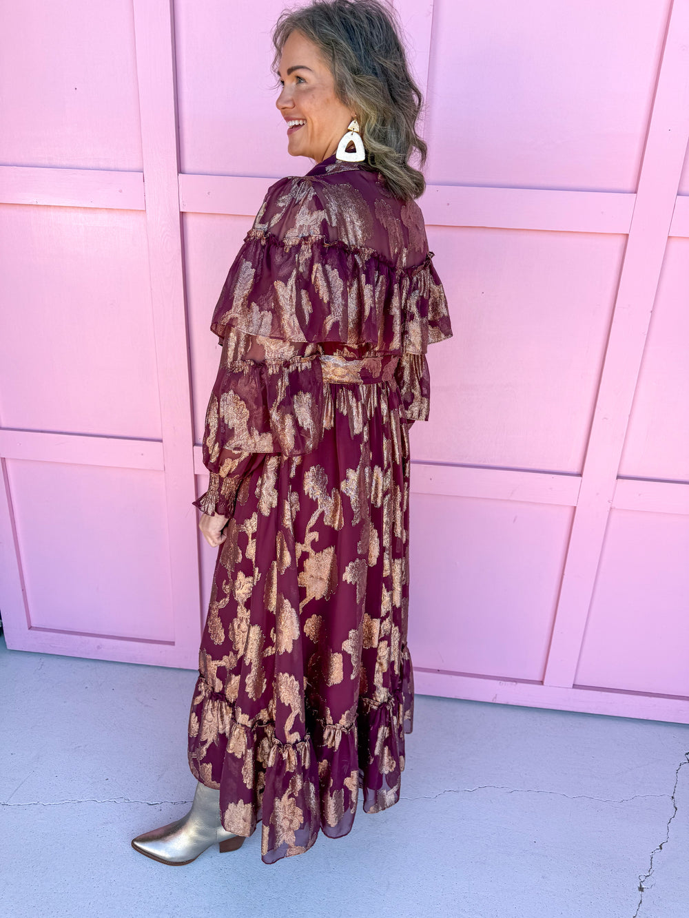 Jincy's Women's Boutique Thanksgiving & Fall Styles Burgundy Maxi Dress With Gold  Foil Floral Print