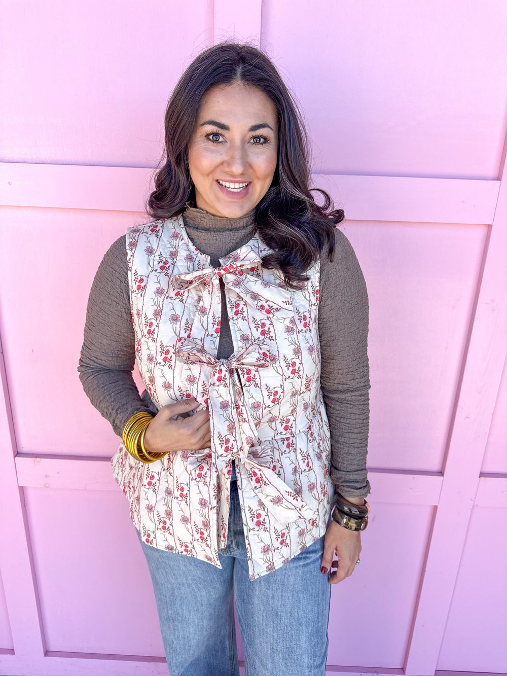 womens boutique vest floral pattern front ties quilted jincy's 