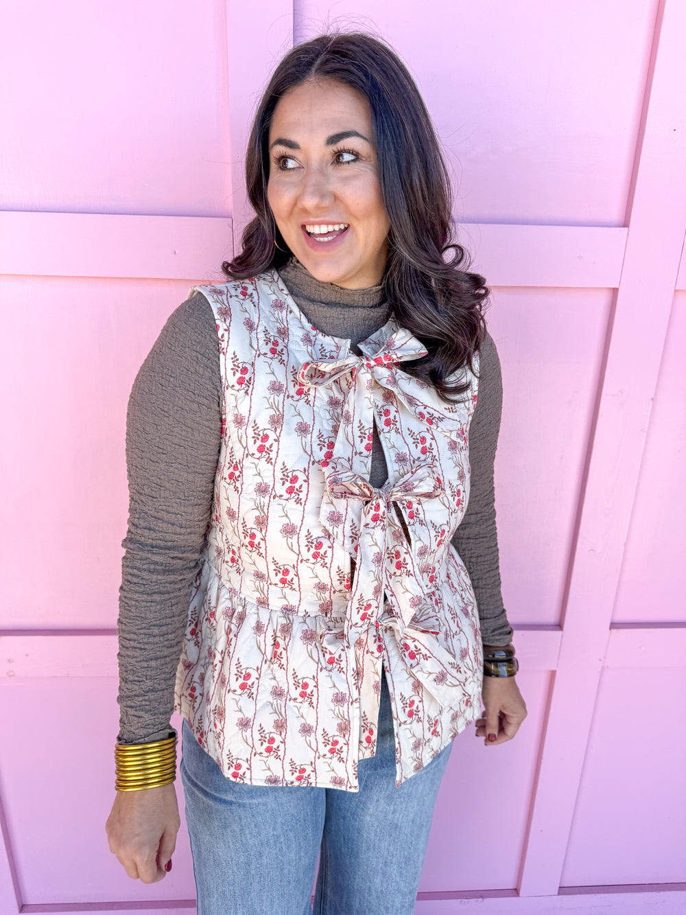 womens boutique vest floral pattern front ties quilted jincy's 