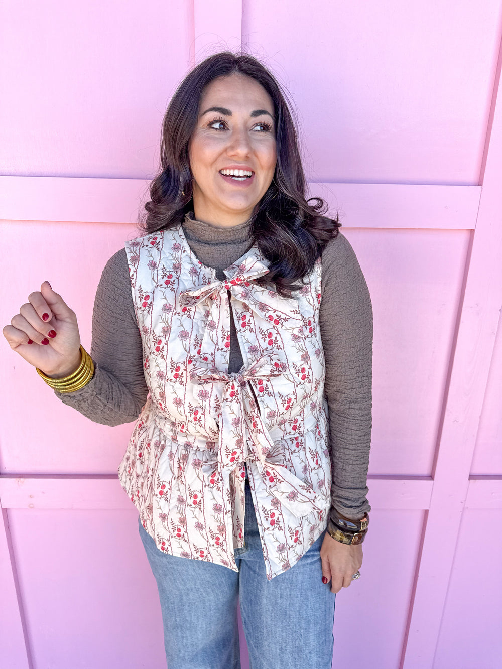 womens boutique vest floral pattern front ties quilted jincy's 