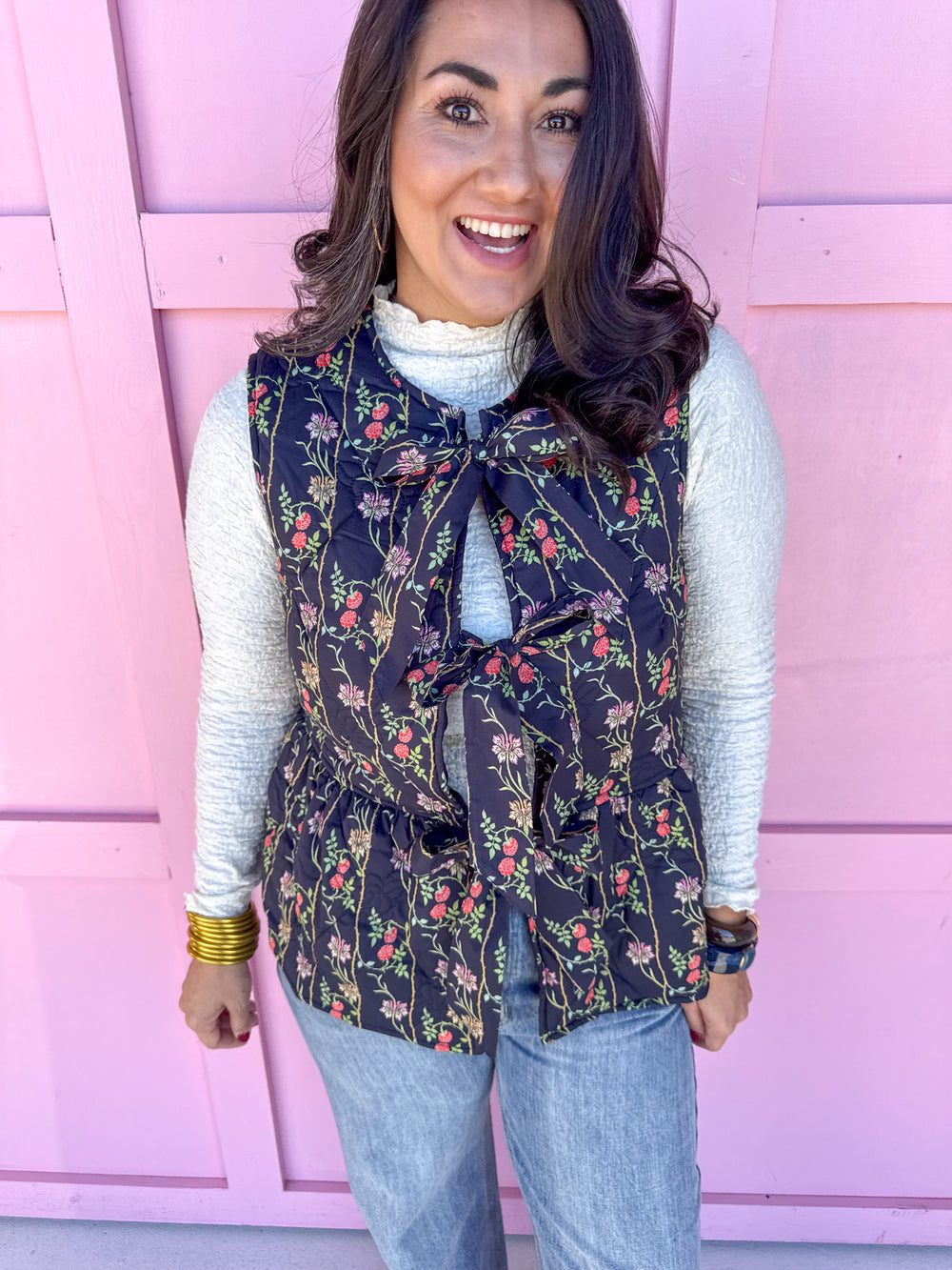 womens boutique vest floral pattern front ties quilted jincy's 