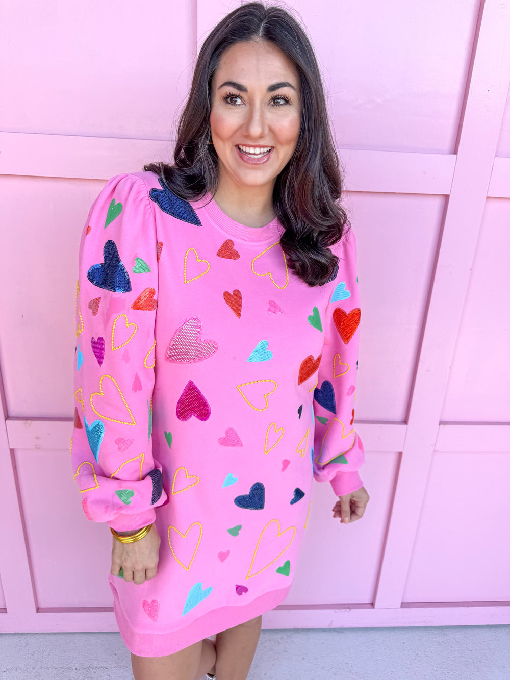 QUEEN OF SPARKLES Groovy Hearts Sweatshirt Dress womens boutique statement jincy's