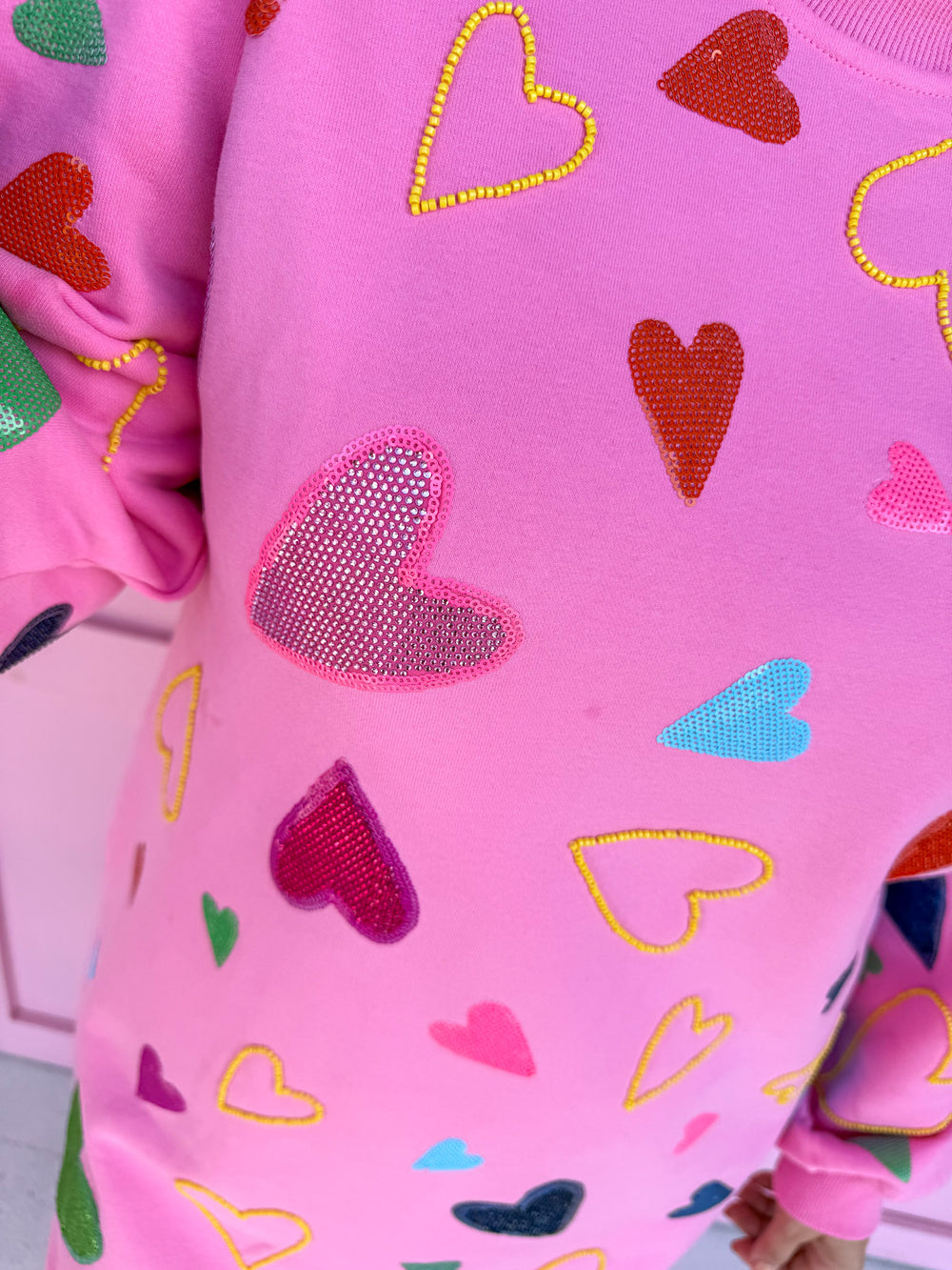 QUEEN OF SPARKLES Groovy Hearts Sweatshirt Dress womens boutique statement jincy's