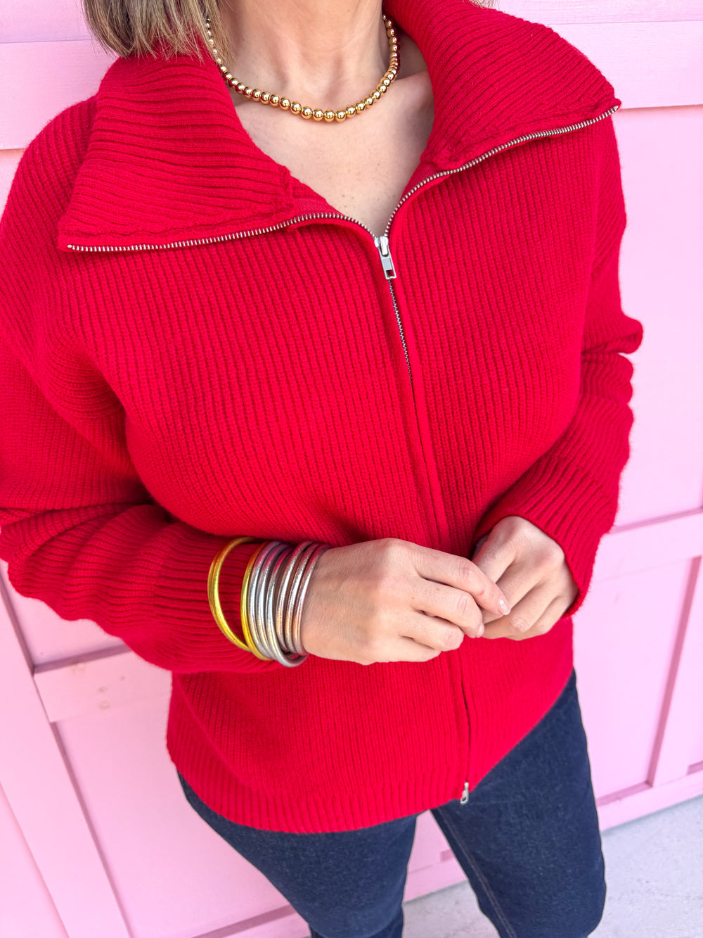 womens boutique double zipper mock neck red jincy's