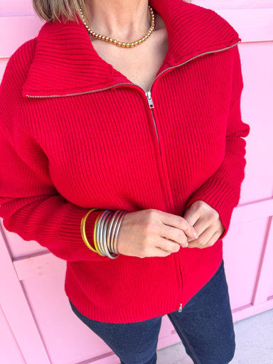 womens boutique double zipper mock neck red jincy's