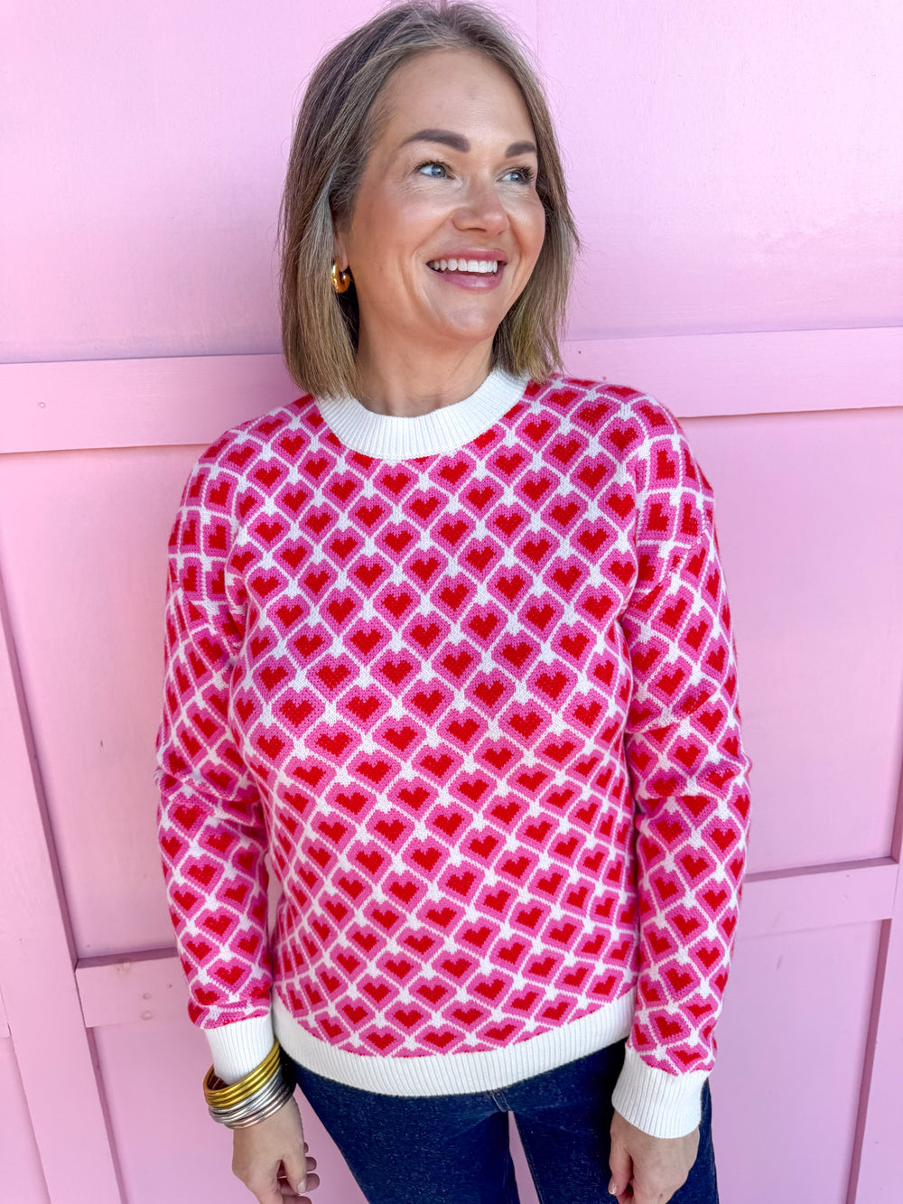 womens boutique hearts red pink crew neck sweater jincy's