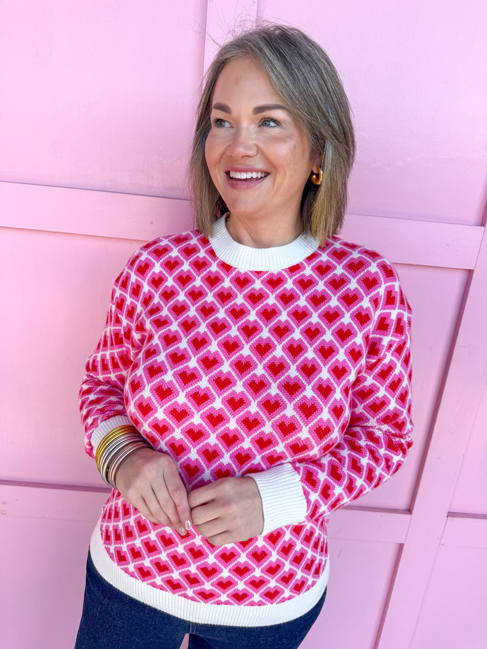 womens boutique hearts red pink crew neck sweater jincy's