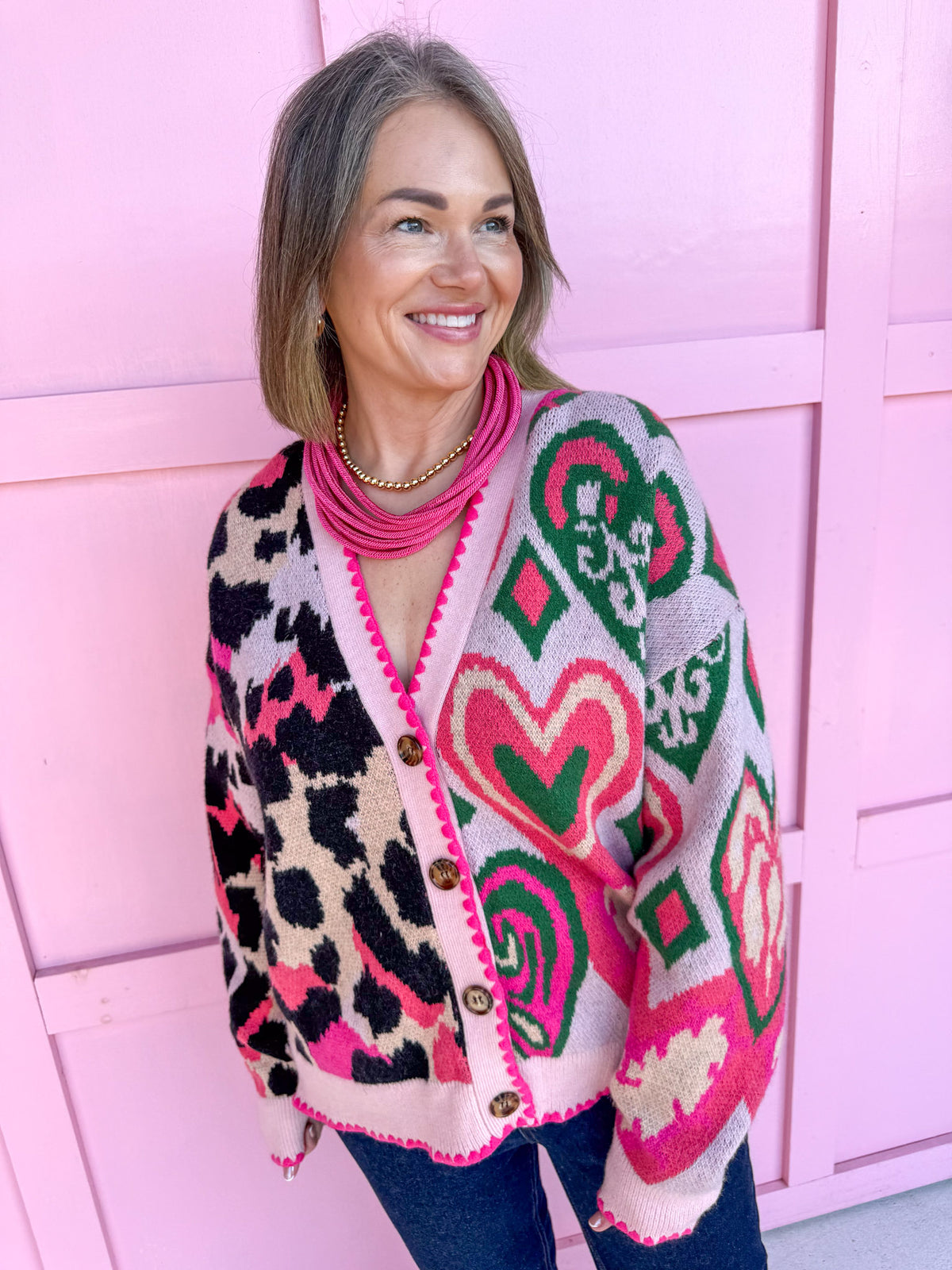 womens boutique statement piece cardigan leopard hearts pinks green black jincy's