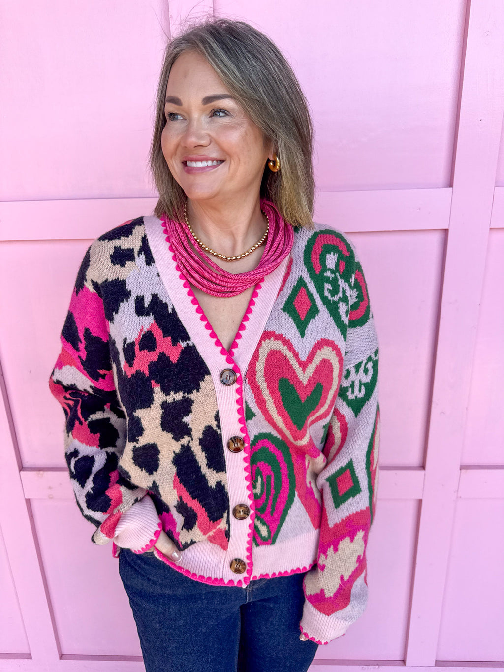 womens boutique statement piece cardigan leopard hearts pinks green black jincy's