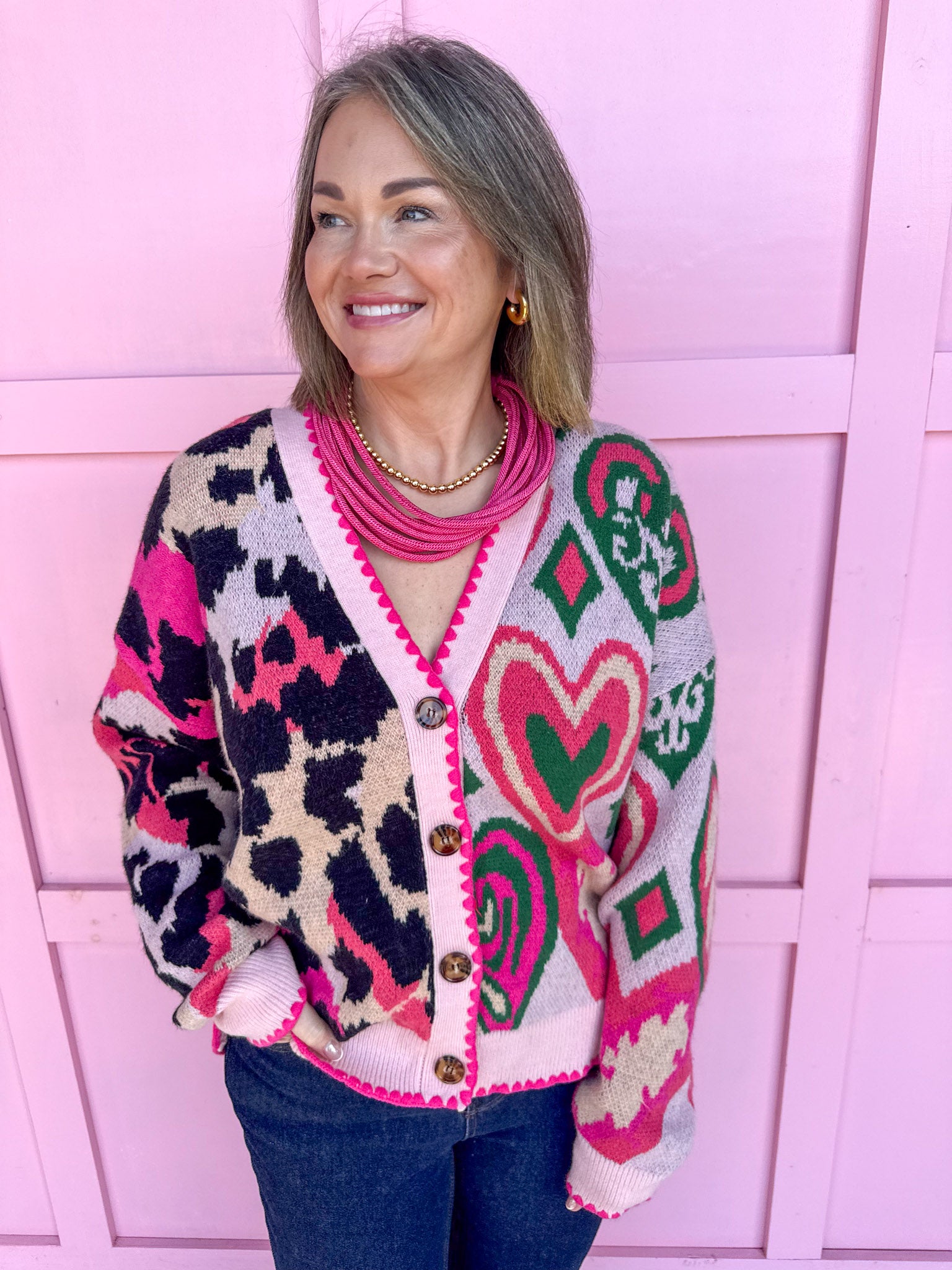 womens boutique statement piece cardigan leopard hearts pinks green black jincy's