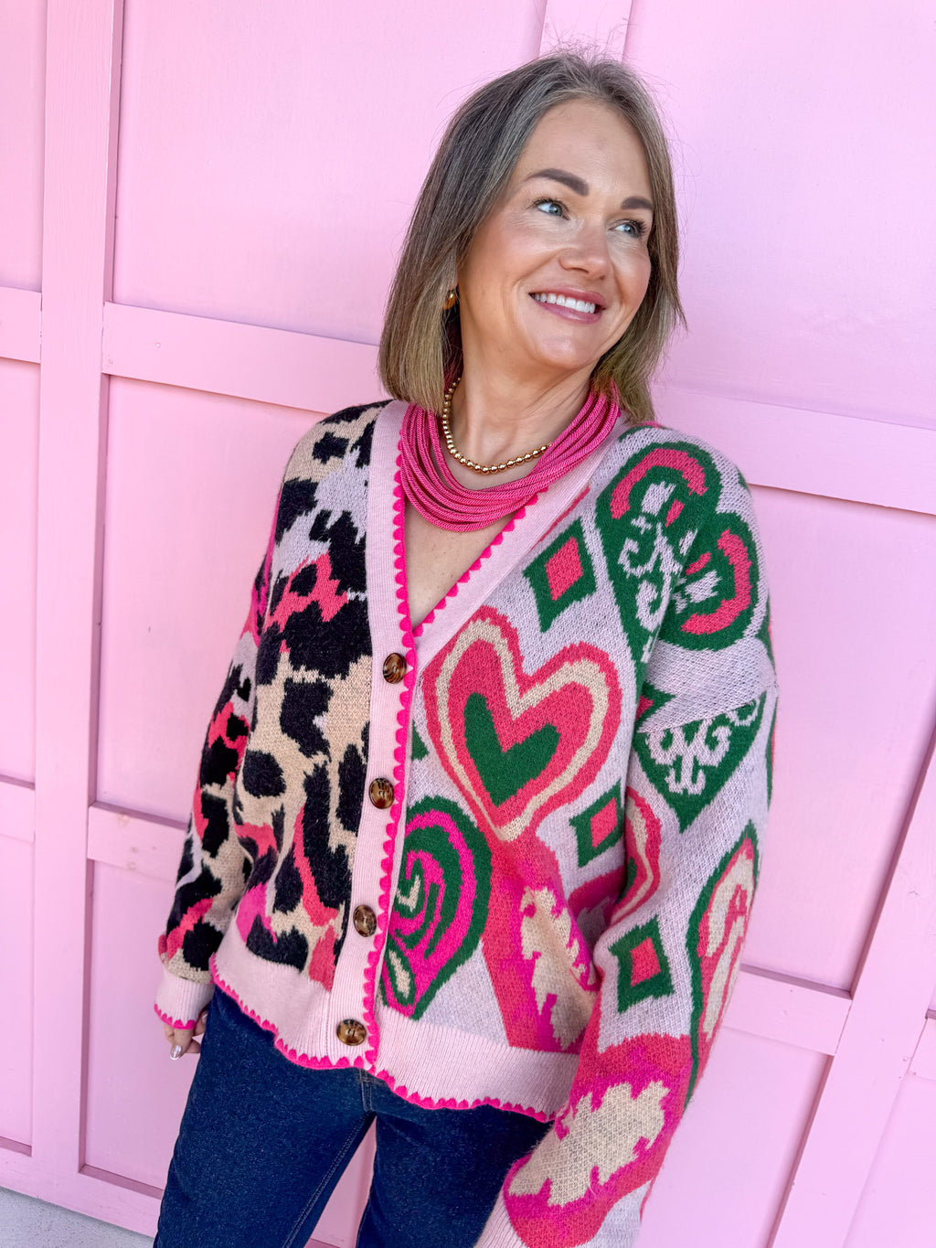 womens boutique statement piece cardigan leopard hearts pinks green black jincy's