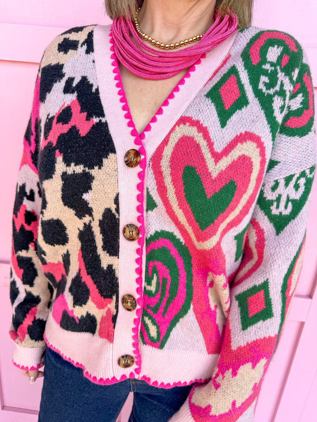 womens boutique statement piece cardigan leopard hearts pinks green black jincy's