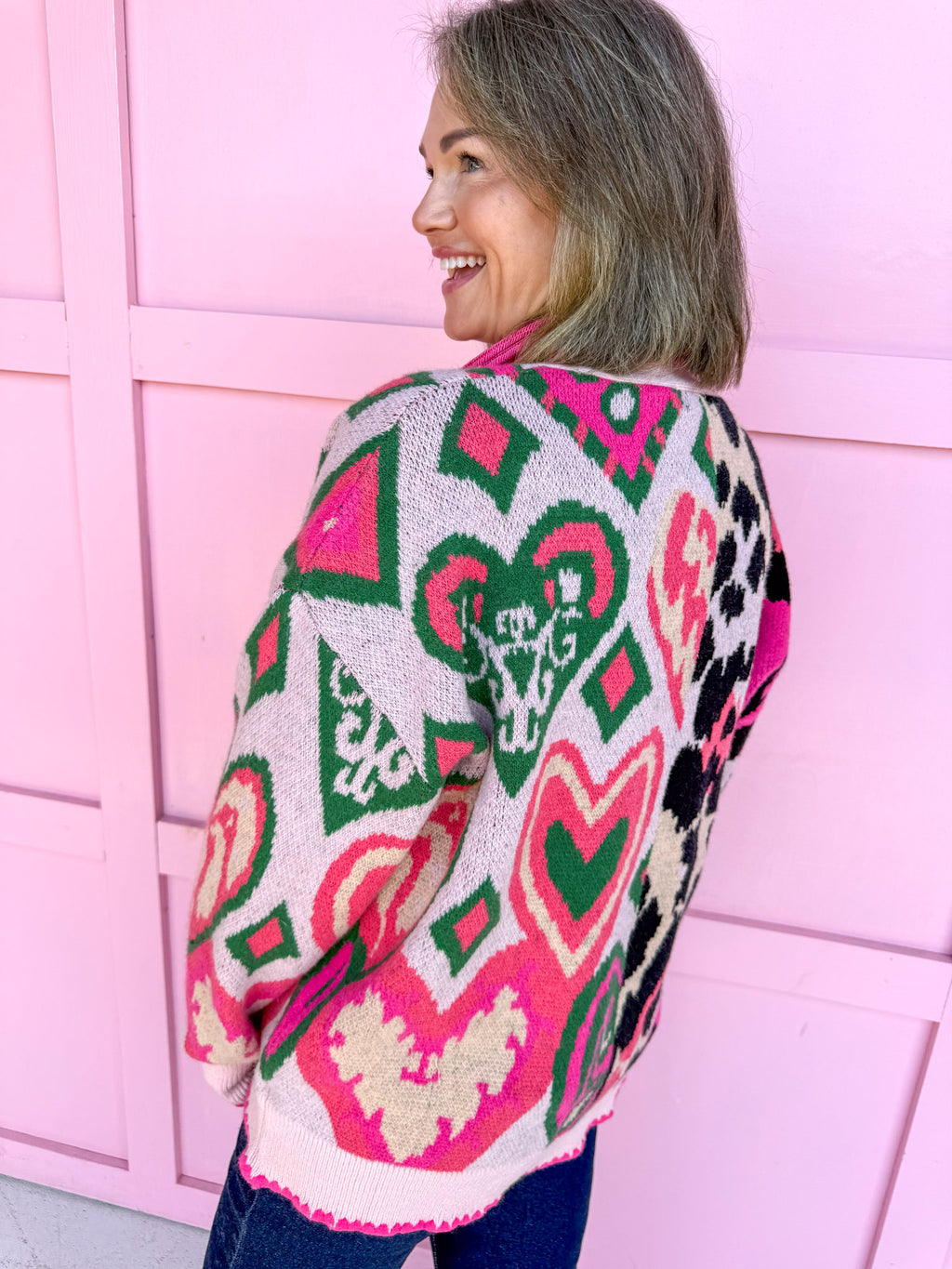womens boutique statement piece cardigan leopard hearts pinks green black jincy's