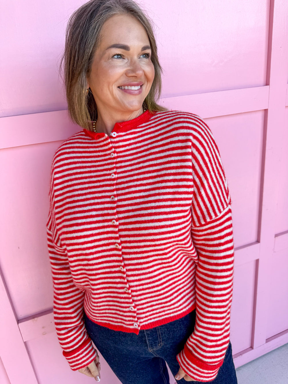womens boutique cardigan red & white striped button up drop shoulder jincy's
