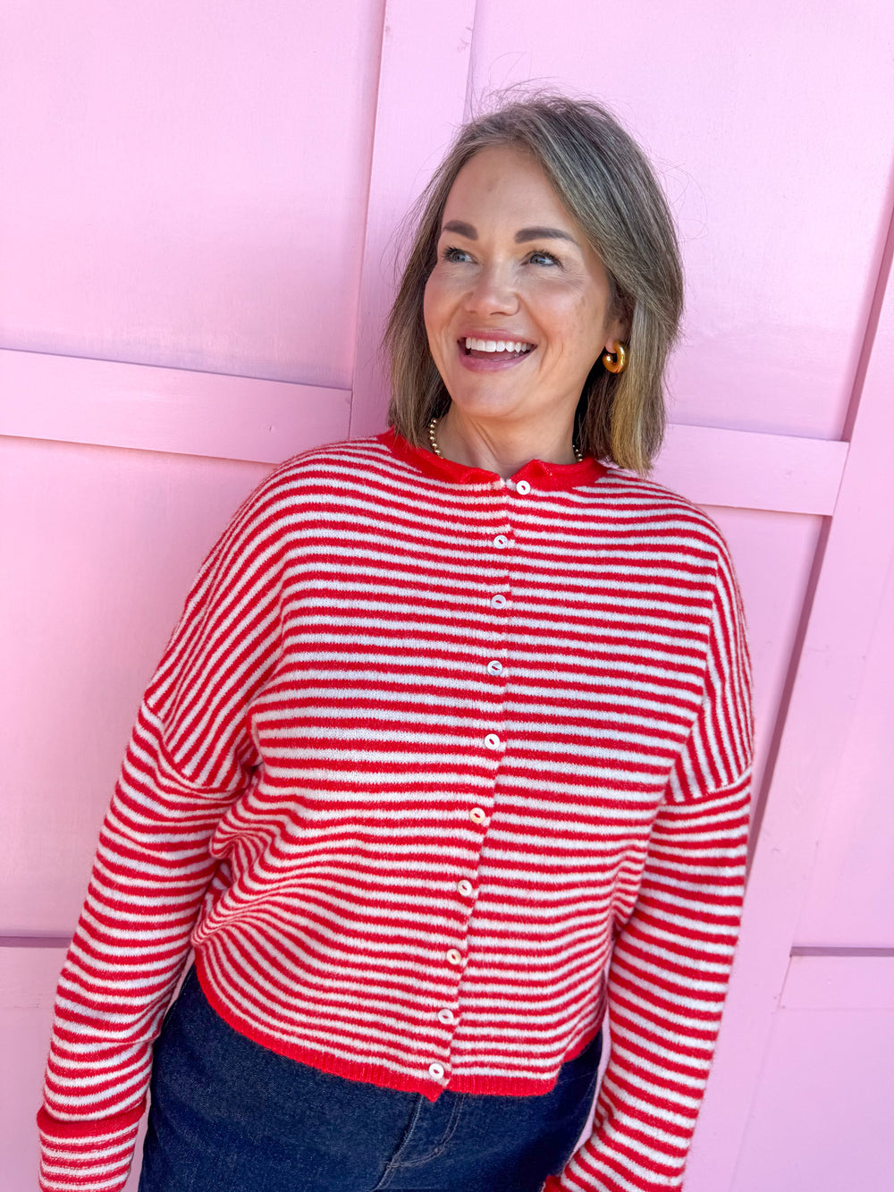 womens boutique cardigan red & white striped button up drop shoulder jincy's