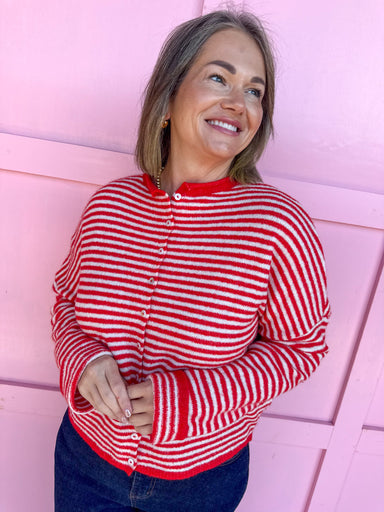 womens boutique cardigan red & white striped button up drop shoulder jincy's