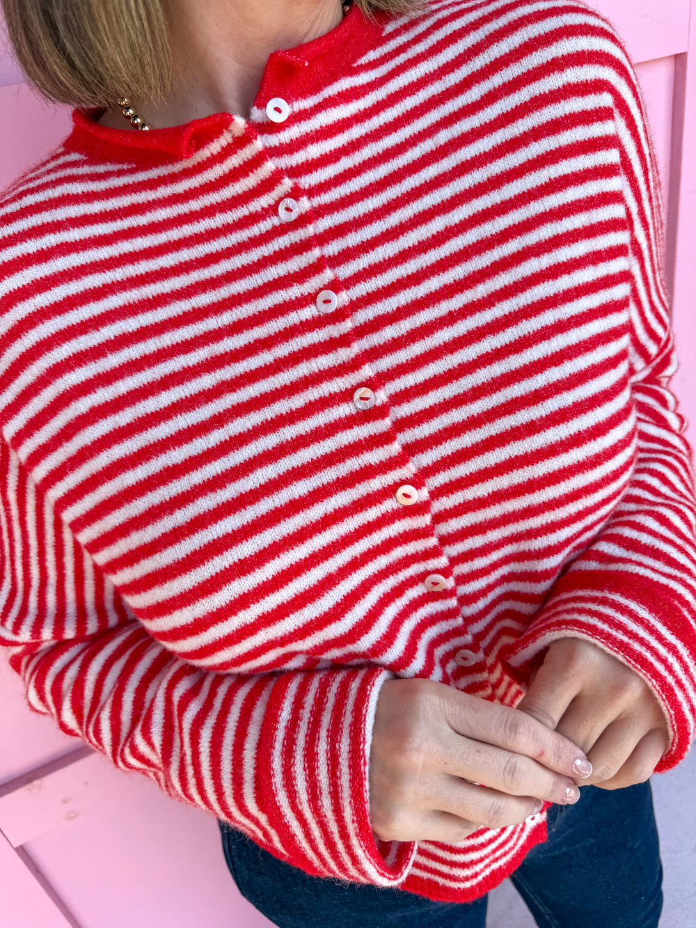 womens boutique cardigan red & white striped button up drop shoulder jincy's