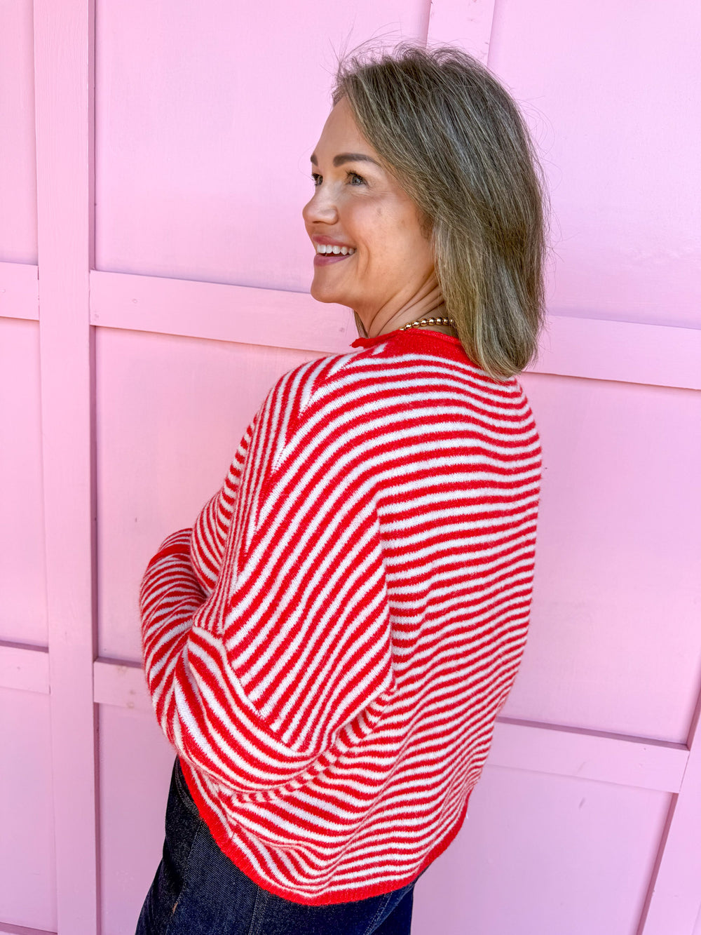 womens boutique cardigan red & white striped button up drop shoulder jincy's