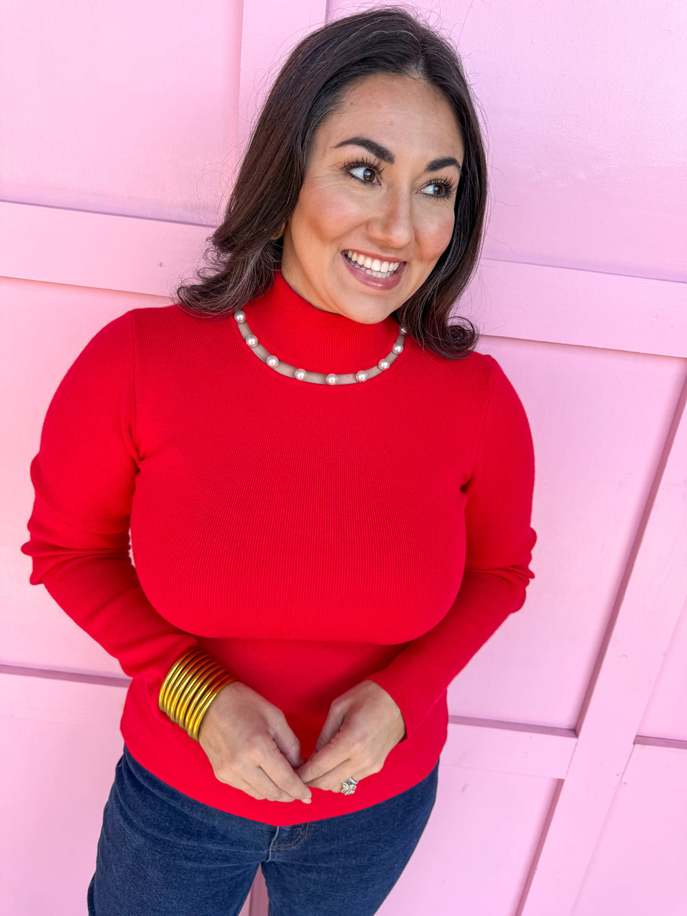 womens boutique mock neck pearl accent cutout neckline fitted jincy's 