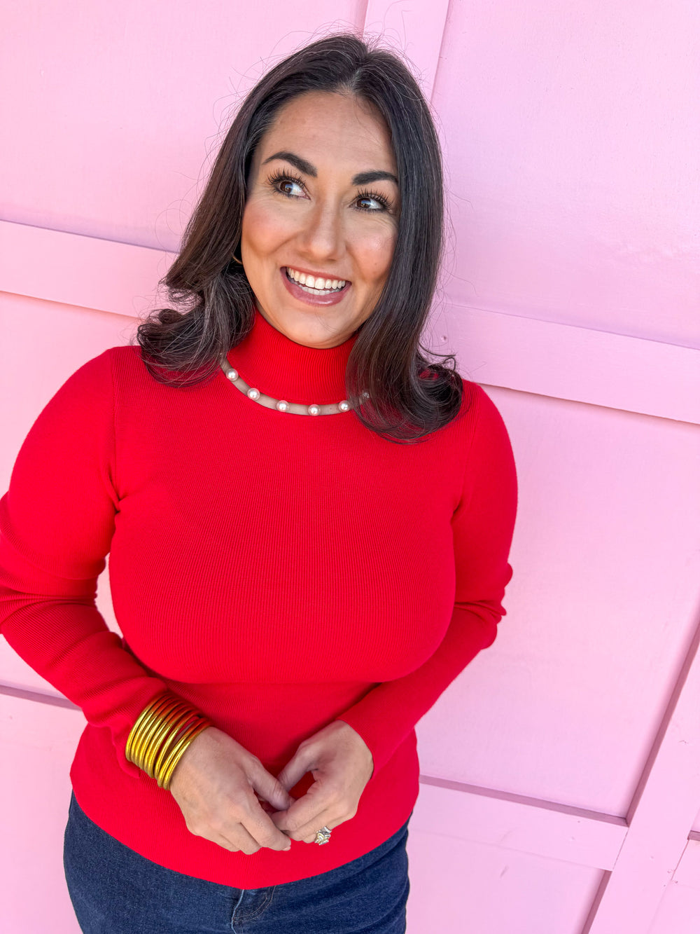 womens boutique mock neck pearl accent cutout neckline fitted jincy's 