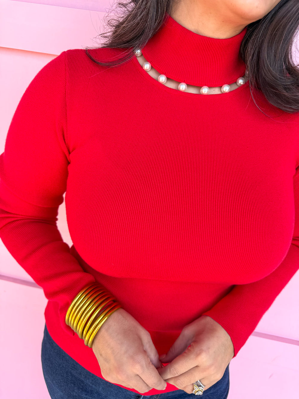 womens boutique mock neck pearl accent cutout neckline fitted jincy's 