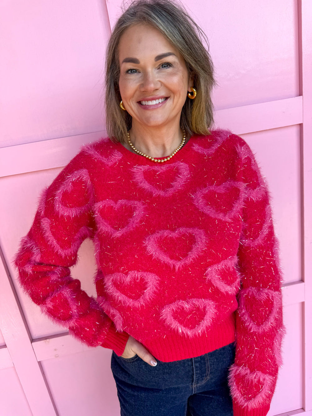 Molly Bracken Katherine Knit Sweater red pink hearts angora womens boutique jincy's
