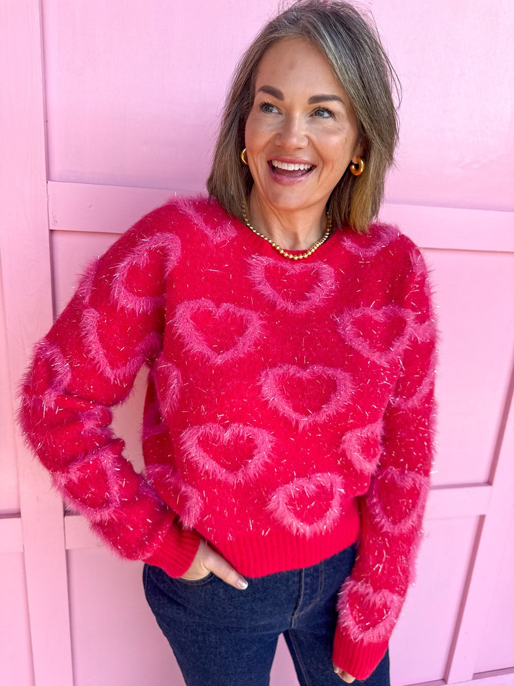 Molly Bracken Katherine Knit Sweater red pink hearts angora womens boutique jincy's