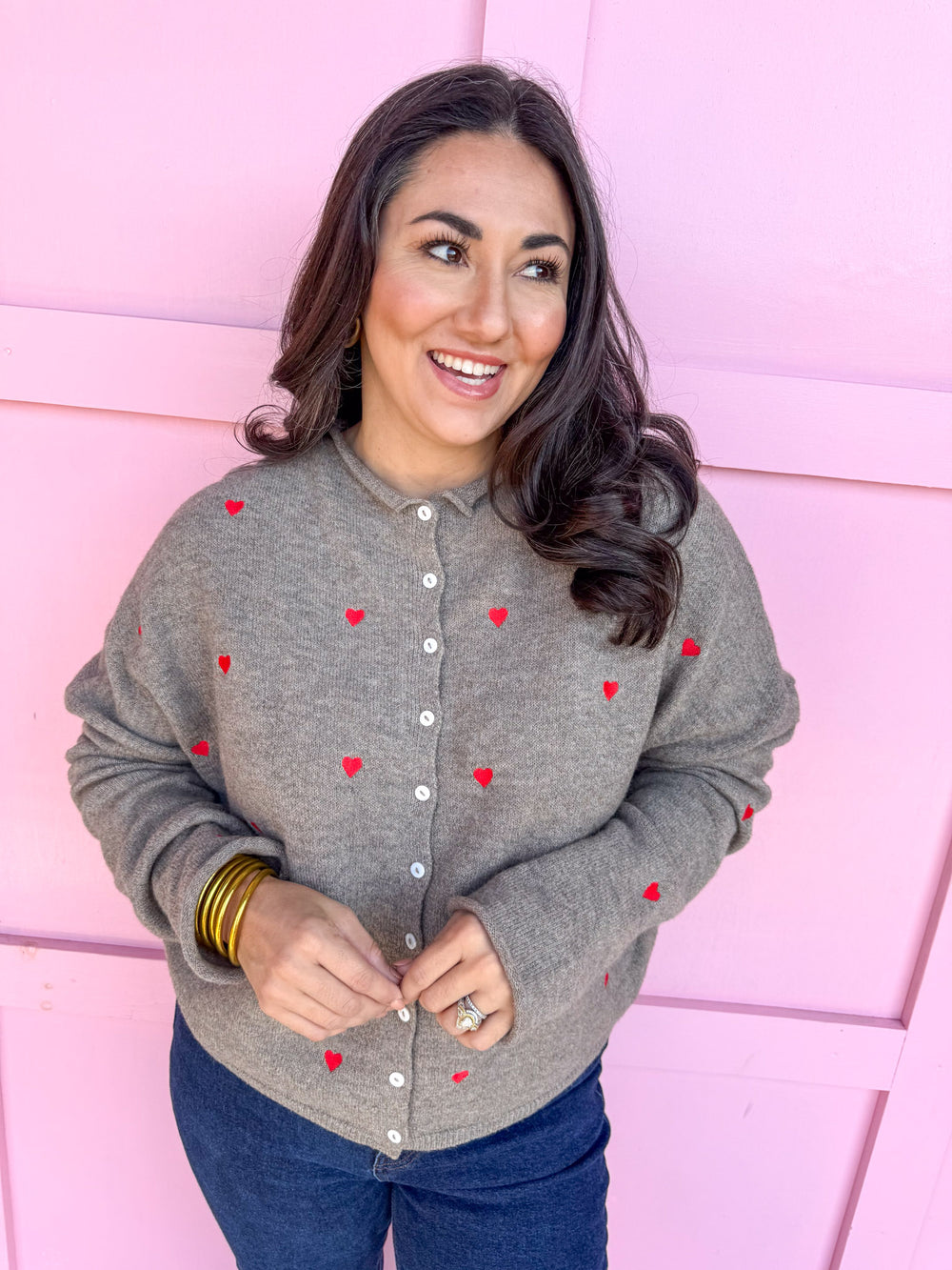 womens boutique grey cardigan red hearts button up jincy's