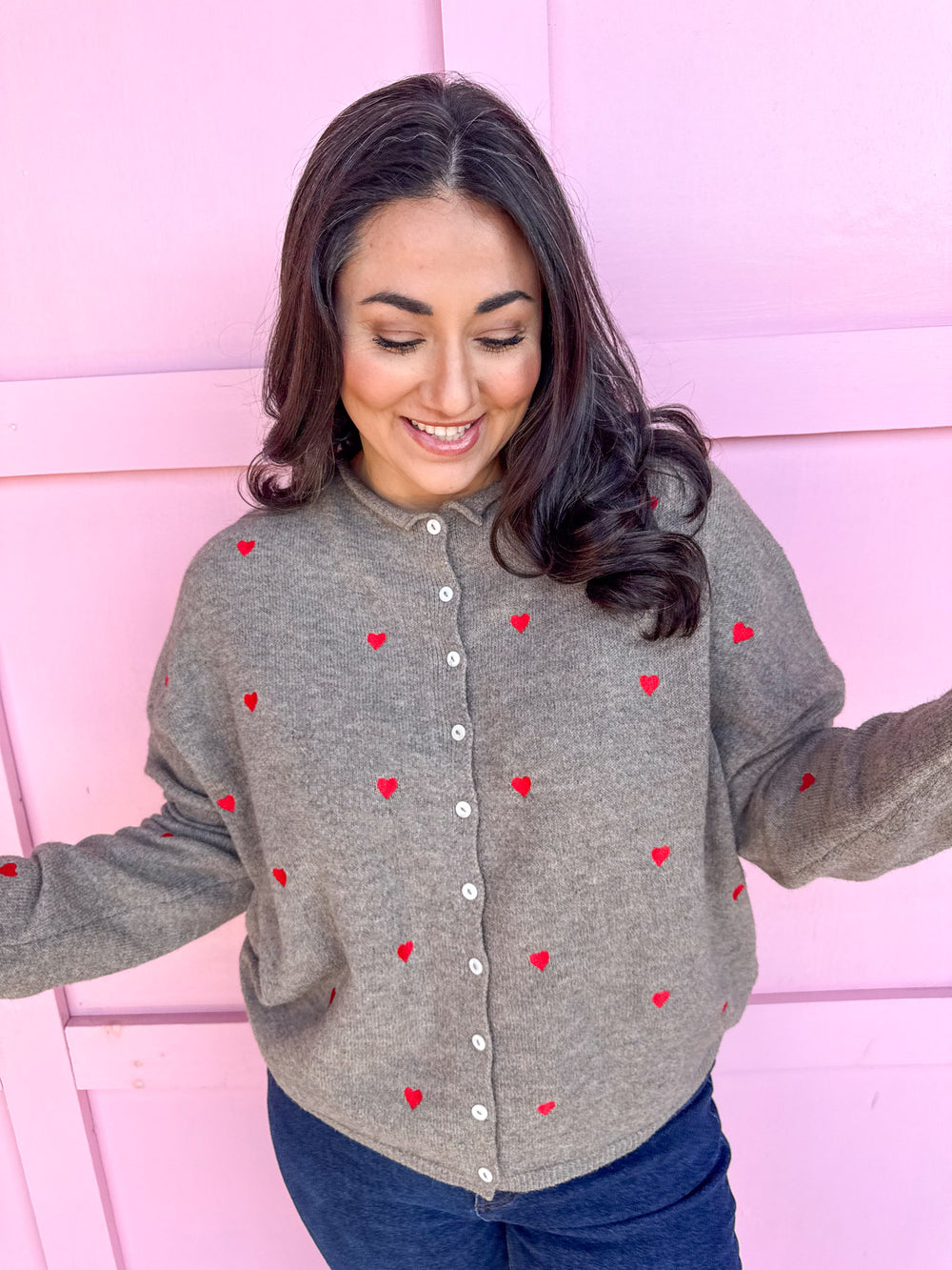 womens boutique grey cardigan red hearts button up jincy's