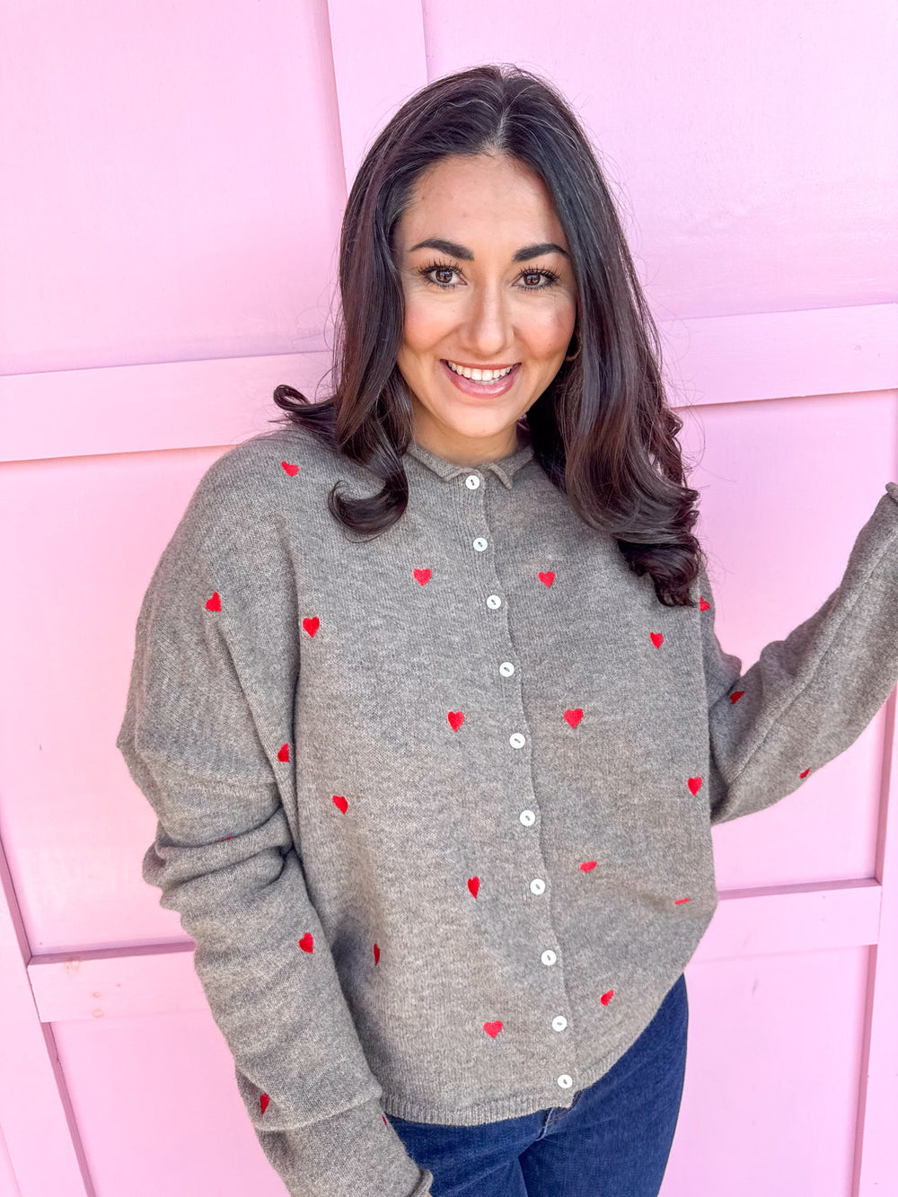 womens boutique grey cardigan red hearts button up jincy's