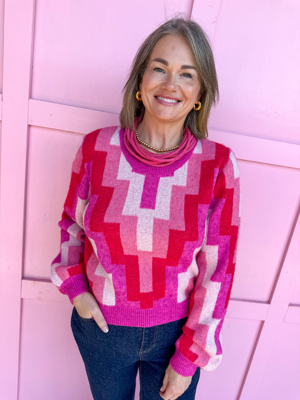 Molly Bracken Quinn Knit Sweater pinks red white womens boutique jincy's