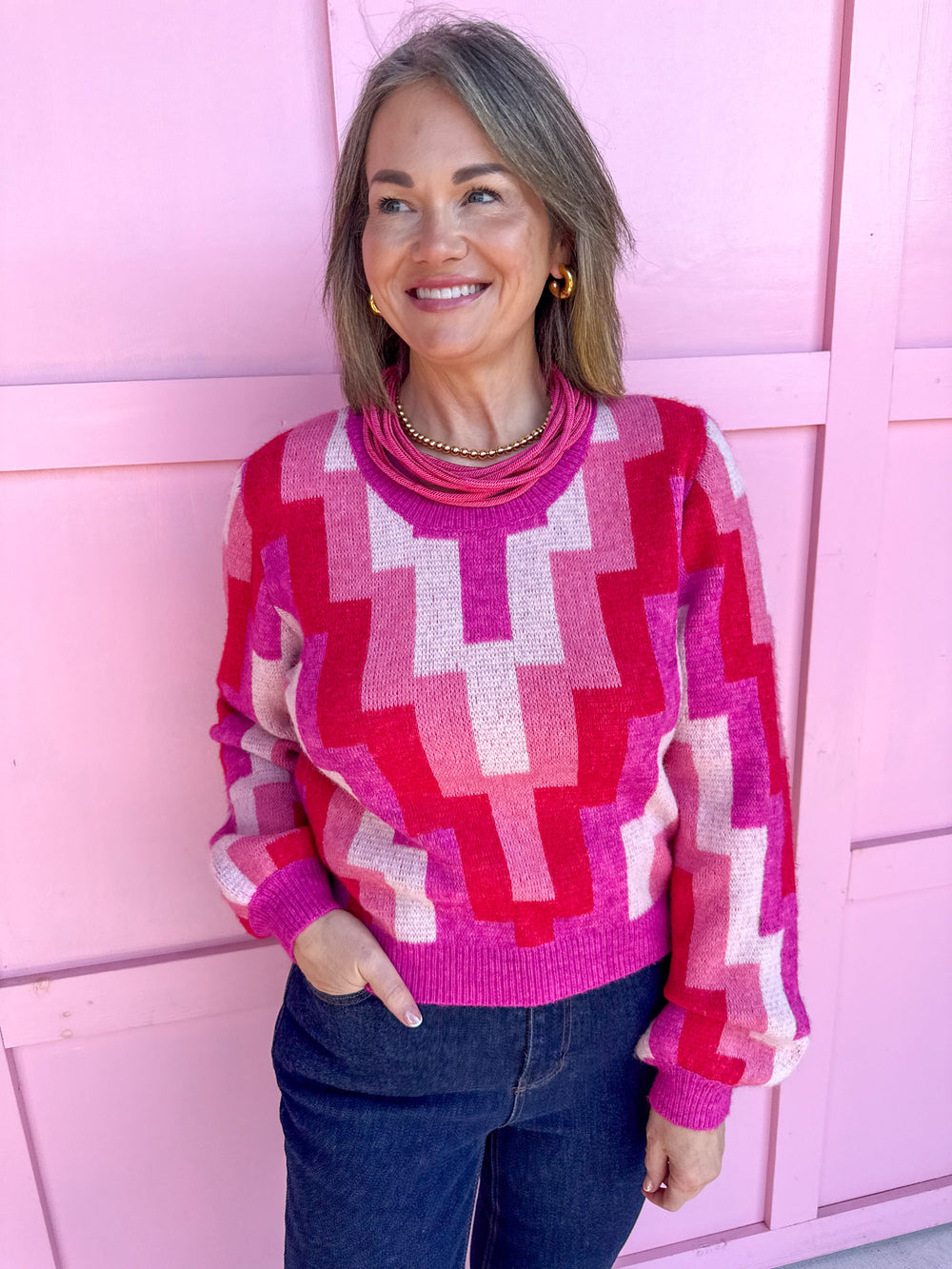 Molly Bracken Quinn Knit Sweater pinks red white womens boutique jincy's