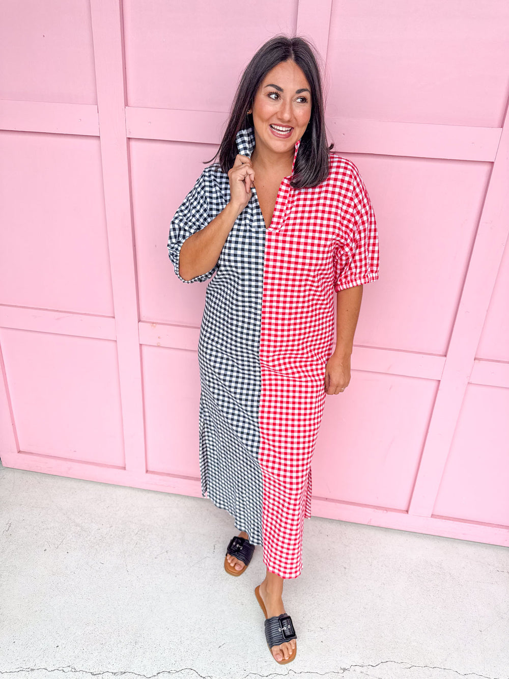 Jincy's Women's Boutique Adrienne Blakely Pop Collar Top Red Black Seer Gingham Game Day Everyday Wear Plus Size