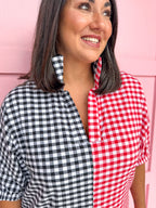 Jincy's Women's Boutique Adrienne Charlotte Pop Collar Top Red Black Seer Gingham Game Day Everyday Wear Plus Size