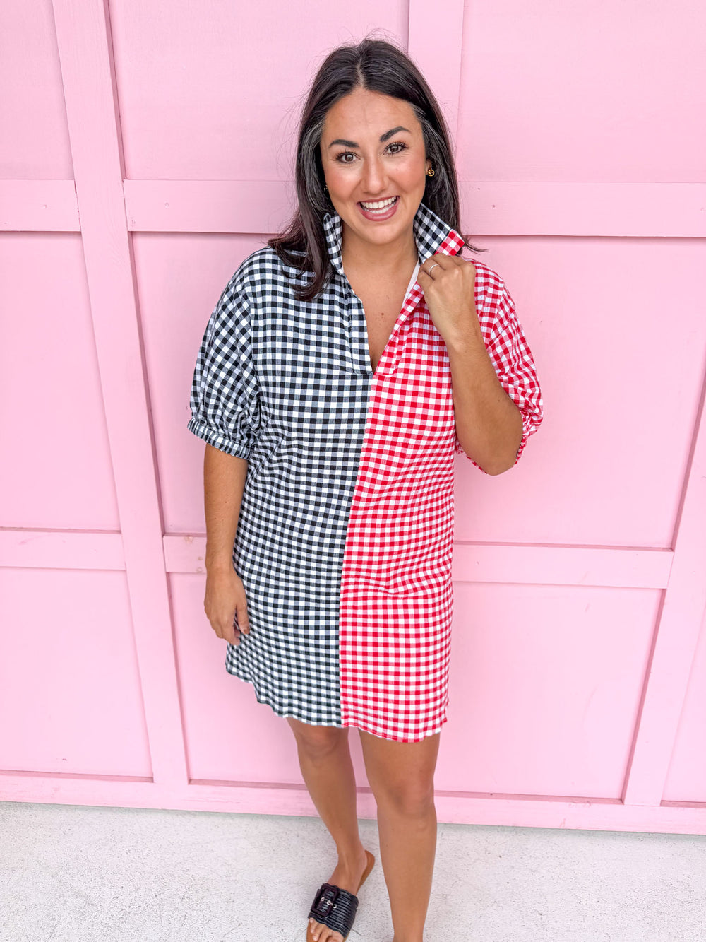 Jincy's Women's Boutique Adrienne Charlotte Pop Collar Top Red Black Seer Gingham Game Day Everyday Wear Plus Size