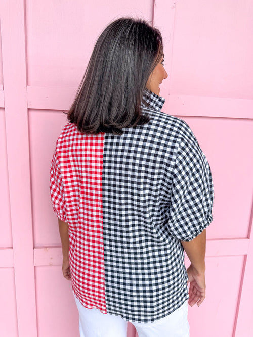 Jincy's Women's Boutique Adrienne Sloan Pop Collar Top Red Black Seer Gingham Game Day Everyday Wear Plus Size