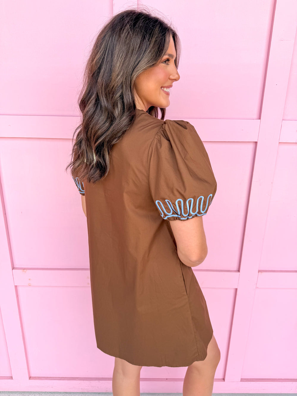 Jincy's Women's Boutique Autumn Edit Everyday Wear Fall Transition Styles Brown & Blue Embroidered Wave Dress Puff Sleeves Mini Dress Jodifl B14025