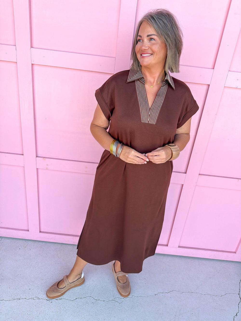 Jincy's Women's Boutique Autumn Edit Everyday Wear Fall Transition Styles Brown Espresso Midi Maxi Dress with Embroidered Collar Jodifl G15798
