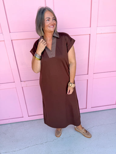 Jincy's Women's Boutique Autumn Edit Everyday Wear Fall Transition Styles Brown Espresso Midi Maxi Dress with Embroidered Collar Jodifl G15798