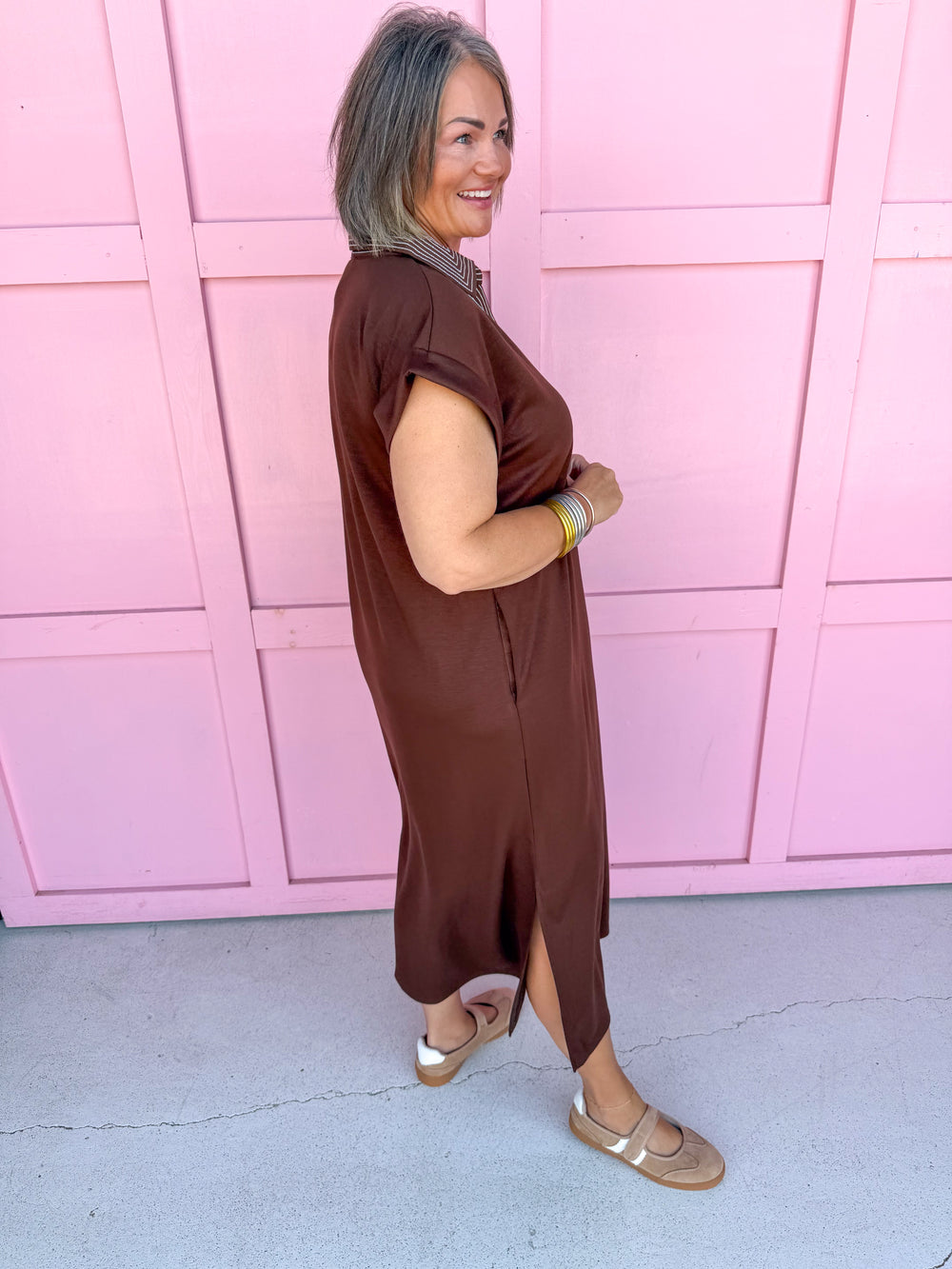 Jincy's Women's Boutique Autumn Edit Everyday Wear Fall Transition Styles Brown Espresso Midi Maxi Dress with Embroidered Collar Jodifl G15798