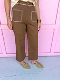 Jincy's Women's Boutique Autumn Edit Everyday Wear Fall Transition Styles Brown Wide Leg Pants with Ivory Crochet Stitching Entro H13018