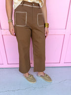 Jincy's Women's Boutique Autumn Edit Everyday Wear Fall Transition Styles Brown Wide Leg Pants with Ivory Crochet Stitching Entro H13018