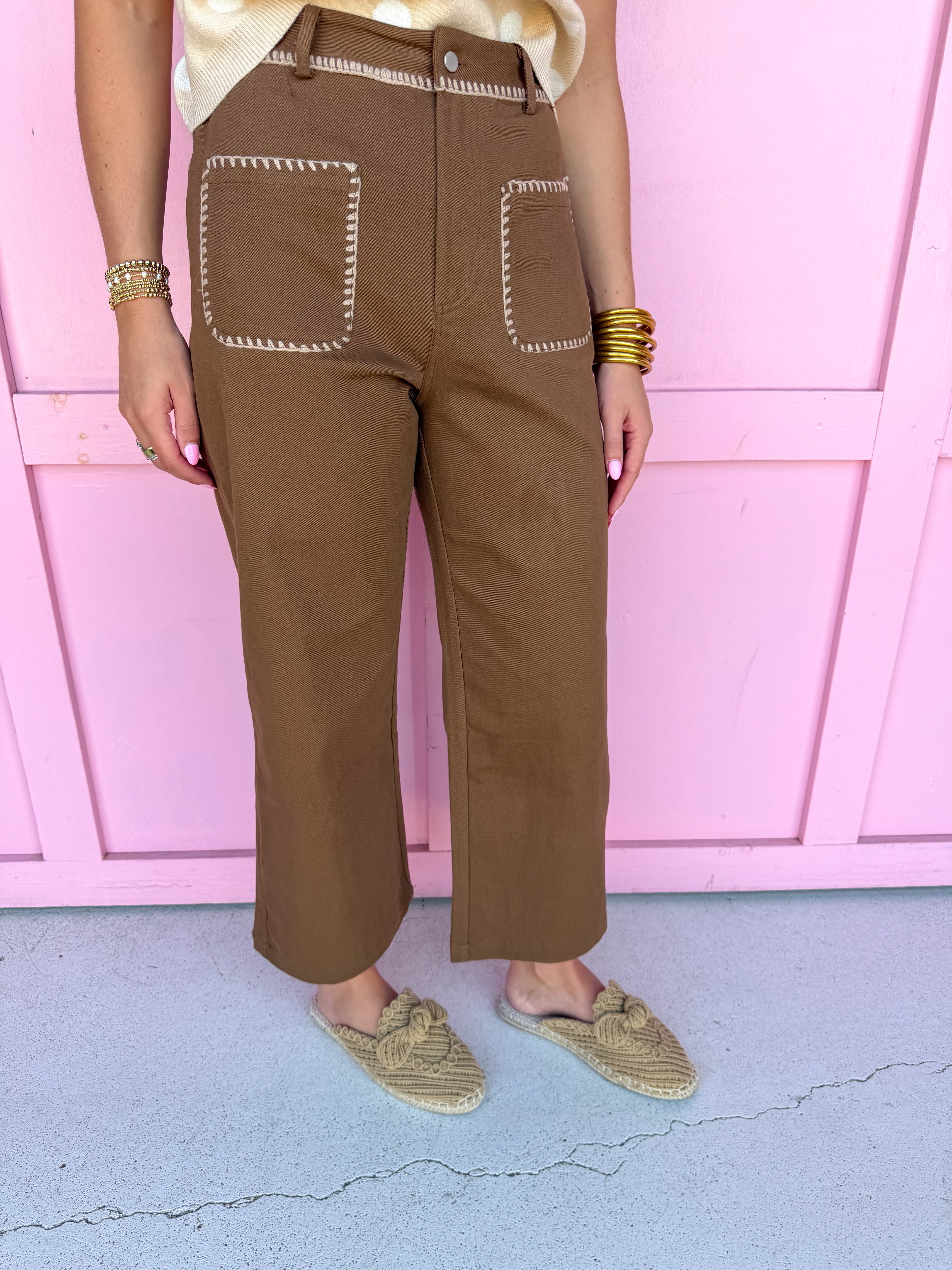 Jincy's Women's Boutique Autumn Edit Everyday Wear Fall Transition Styles Brown Wide Leg Pants with Ivory Crochet Stitching Entro H13018