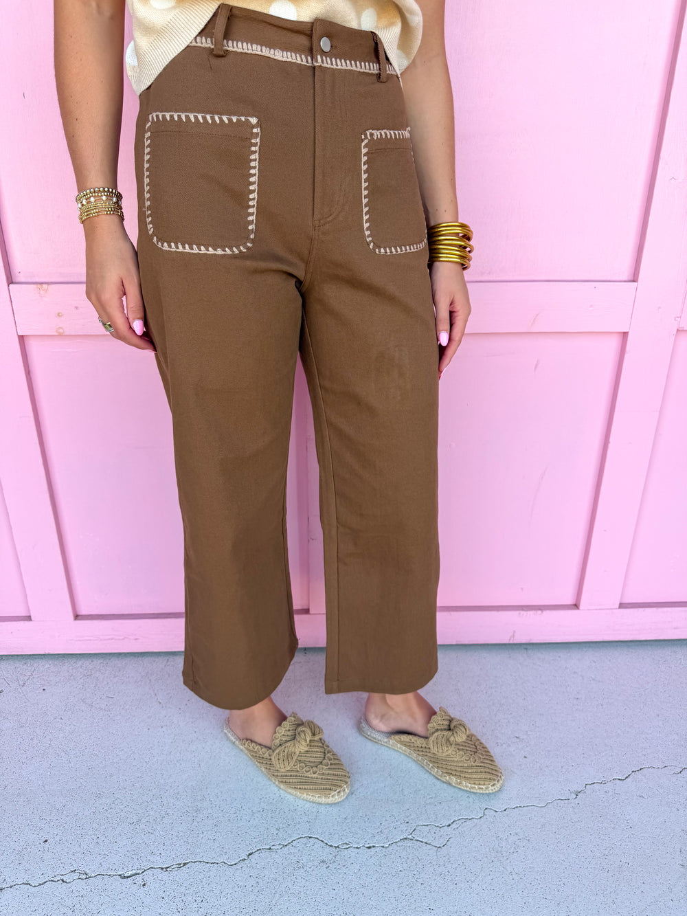 Jincy's Women's Boutique Autumn Edit Everyday Wear Fall Transition Styles Brown Wide Leg Pants with Ivory Crochet Stitching Entro H13018